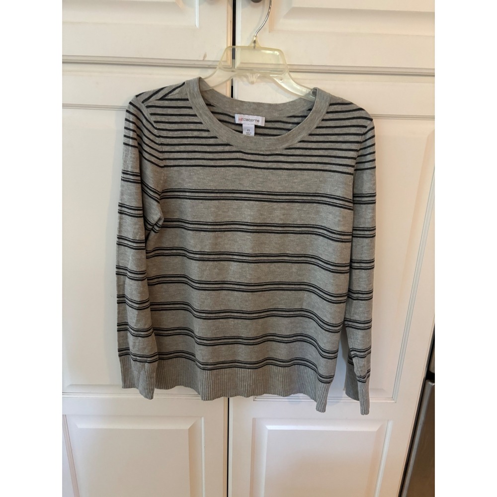 Liz Claiborne Womens Striped Crew Neck Long Sleeve Sweater XS Gray Black